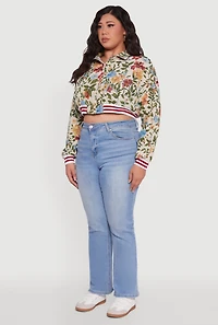 Plus Floral Print Cropped Varsity Stripe Jacket