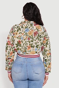 Womens Plus Size Floral Print Cropped Varsity Stripe Jacket, Multi, Size 2X