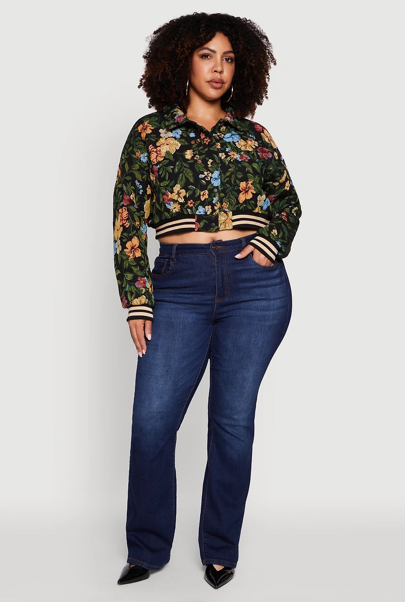 Womens Plus Size Varsity Stripe Floral Print Cropped Jacket, Black, Size 3X