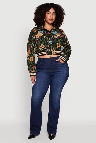 Womens Plus Size Varsity Stripe Floral Print Cropped Jacket, Black, Size 3X