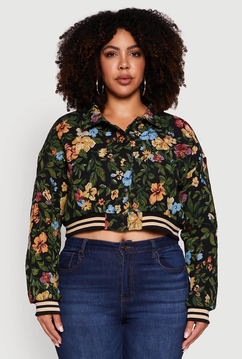 Womens Plus Size Varsity Stripe Floral Print Cropped Jacket, Black, Size 3X