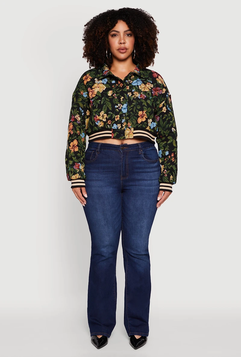Womens Plus Size Varsity Stripe Floral Print Cropped Jacket, Black, Size 1X