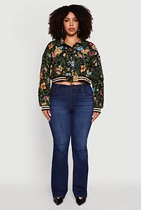 Womens Plus Size Varsity Stripe Floral Print Cropped Jacket, Black, Size 1X