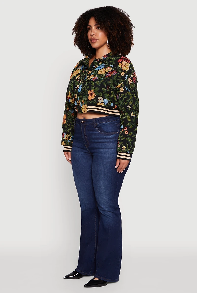 Womens Plus Size Varsity Stripe Floral Print Cropped Jacket, Black, Size 3X