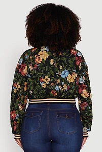 Womens Plus Size Varsity Stripe Floral Print Cropped Jacket, Black, Size 3X
