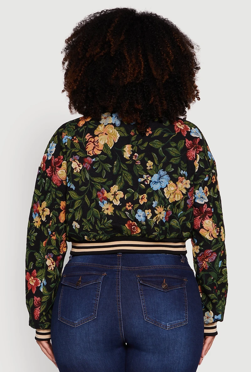 Womens Plus Size Varsity Stripe Floral Print Cropped Jacket, Black, Size 1X