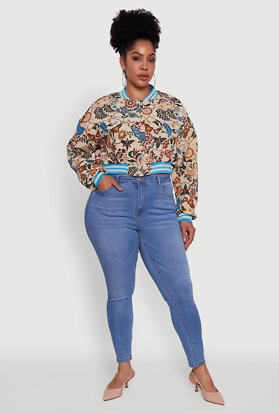 Womens Plus Size Floral Print Varsity Stripe Jacket, Multi, Size 2X