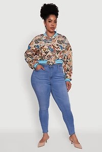 Womens Plus Size Floral Print Varsity Stripe Jacket, Multi, Size 2X
