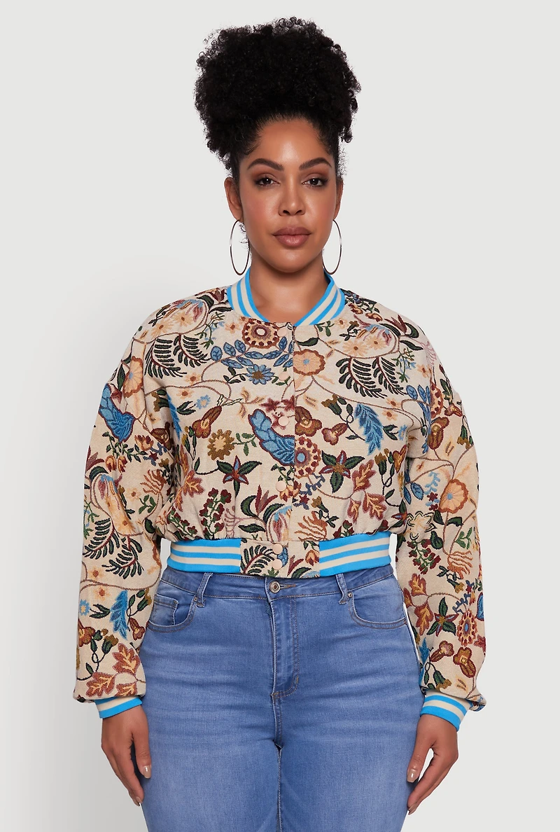 Plus Floral Print Jaquard Varsity Stripe Jacket