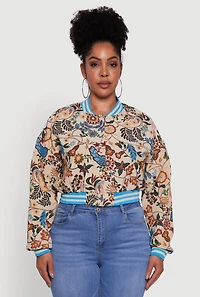 Plus Floral Print Jaquard Varsity Stripe Jacket