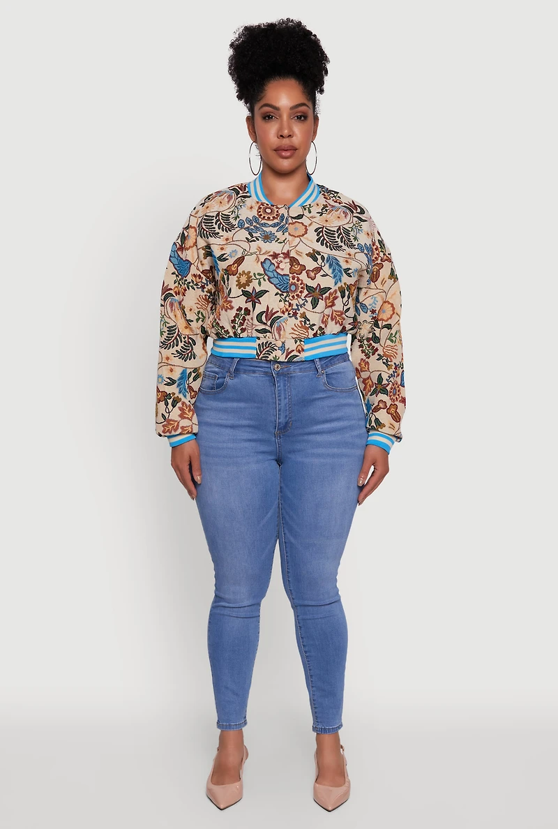 Womens Plus Size Floral Print Jaquard Varsity Stripe Jacket, Multi, Size 3X