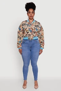 Womens Plus Size Floral Print Jaquard Varsity Stripe Jacket, Multi, Size 3X