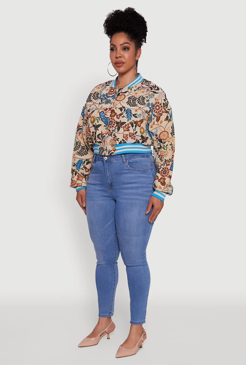 Womens Plus Size Floral Print Varsity Stripe Jacket, Multi, Size 2X