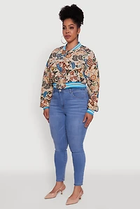 Plus Floral Print Jaquard Varsity Stripe Jacket