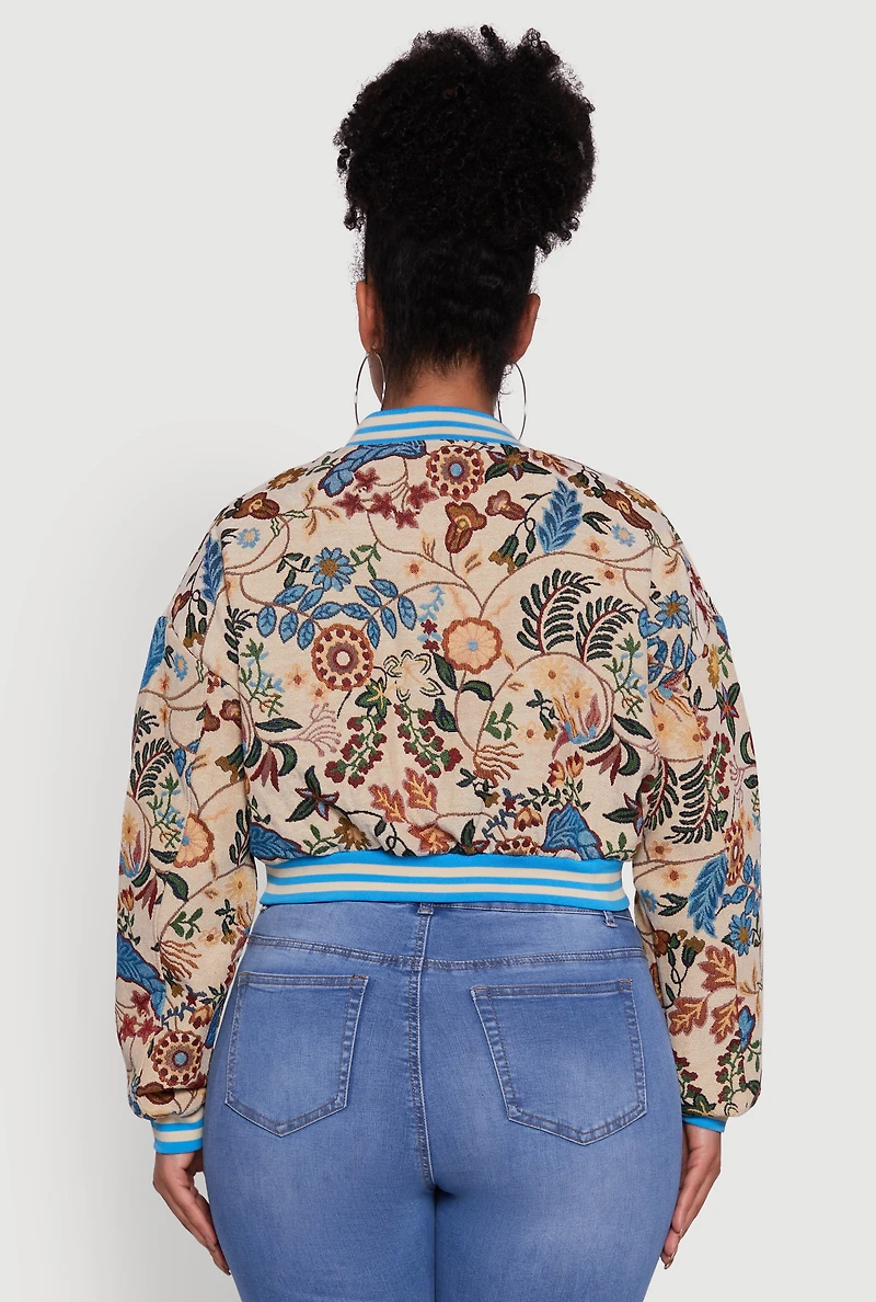 Womens Plus Size Floral Print Jaquard Varsity Stripe Jacket, Multi, Size 3X