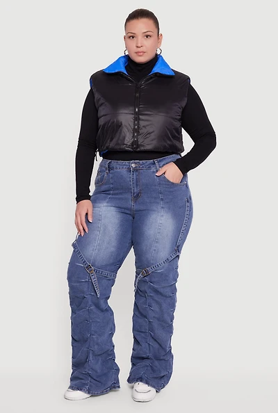 Womens Plus Color Blocked Drawstring Hem Puffer Vest,