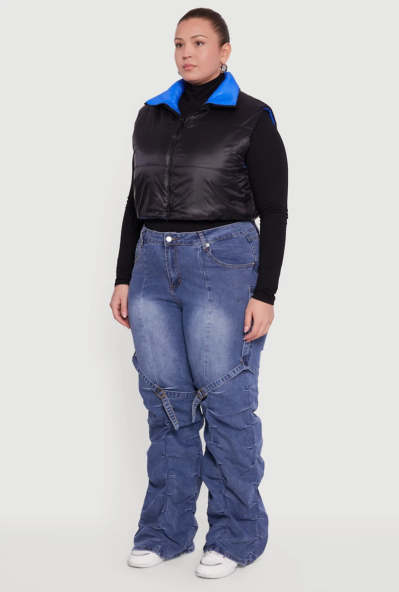 Womens Plus Color Blocked Drawstring Hem Puffer Vest,