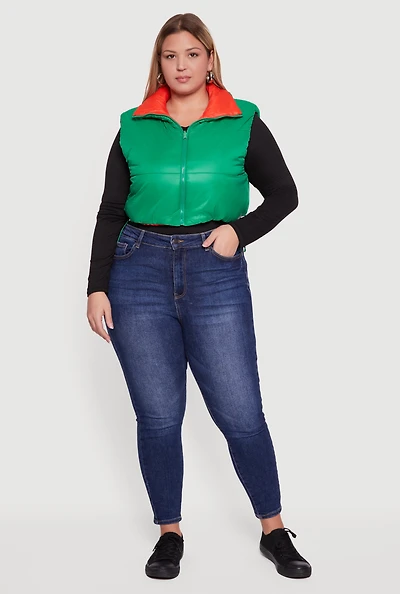 Womens Plus Color Blocked Drawstring Hem Puffer Vest,