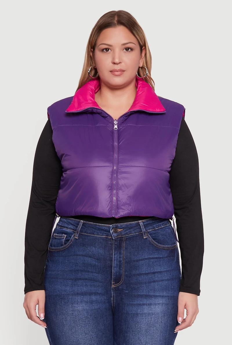 Plus Color Blocked Drawstring Hem Puffer Vest