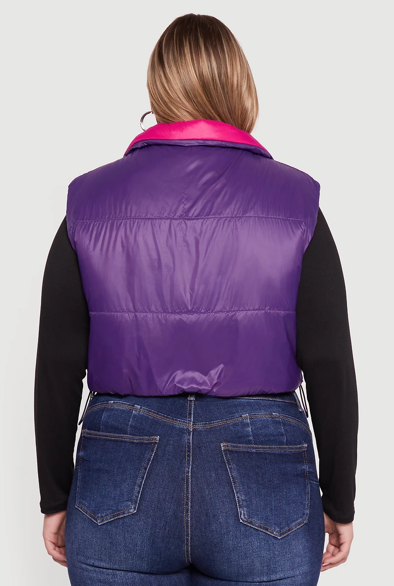 Plus Color Blocked Drawstring Hem Puffer Vest