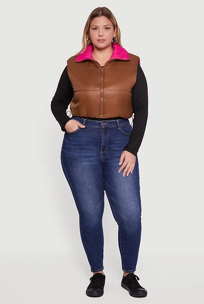 Womens Plus Size Color Blocked Drawstring Hem Puffer Vest, Brown, Size 1X