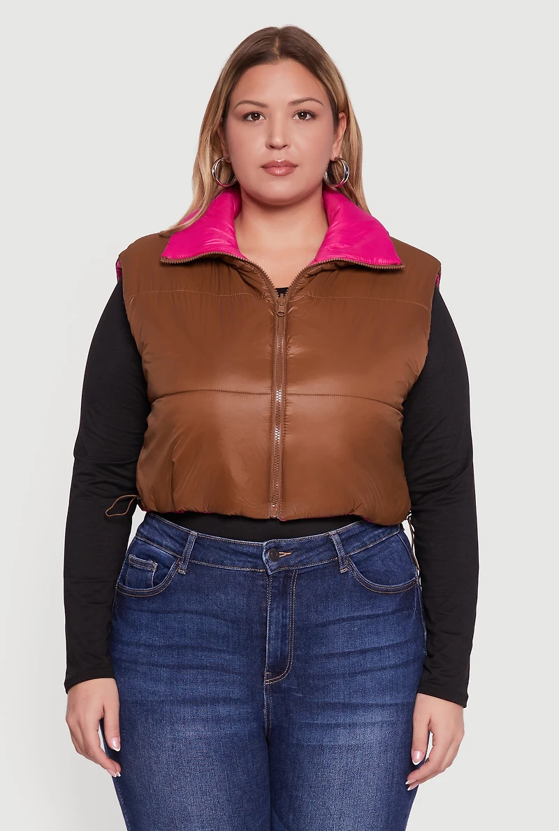 Womens Plus Color Blocked Drawstring Hem Puffer Vest, 3X