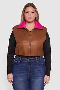 Womens Plus Color Blocked Drawstring Hem Puffer Vest, 3X