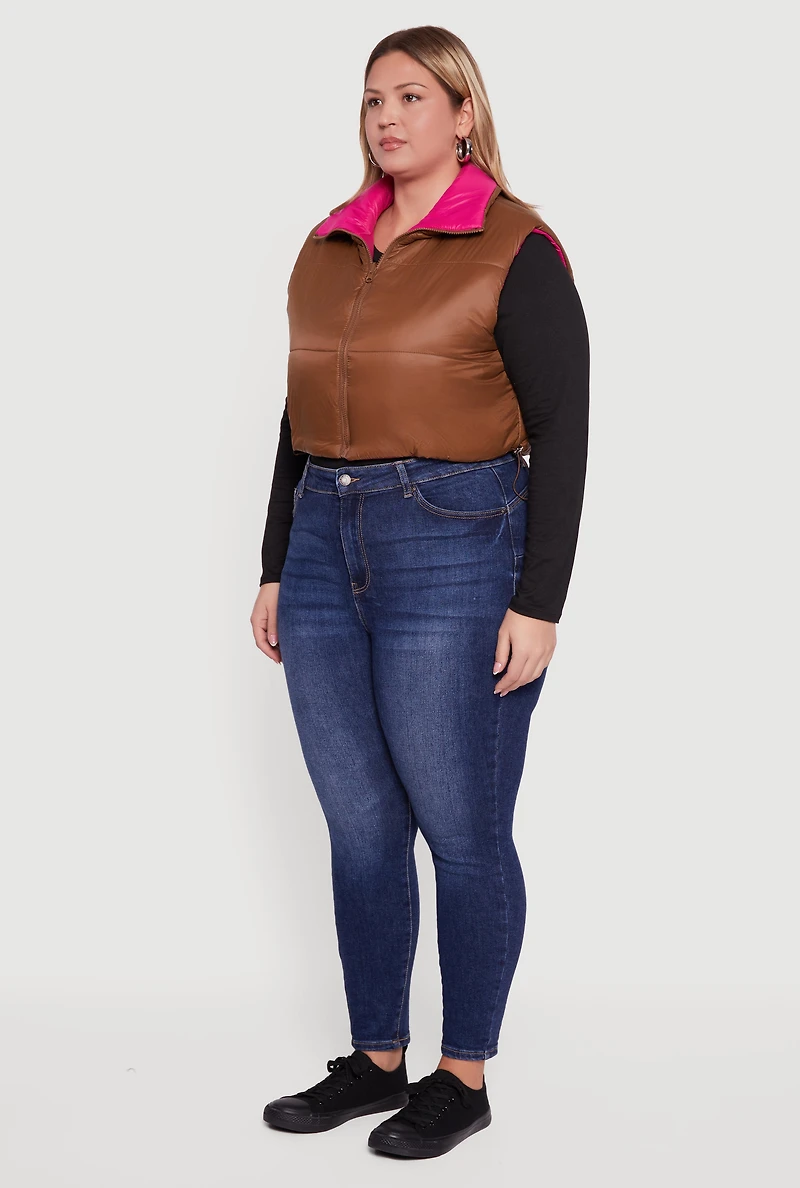 Plus Color Blocked Drawstring Hem Puffer Vest