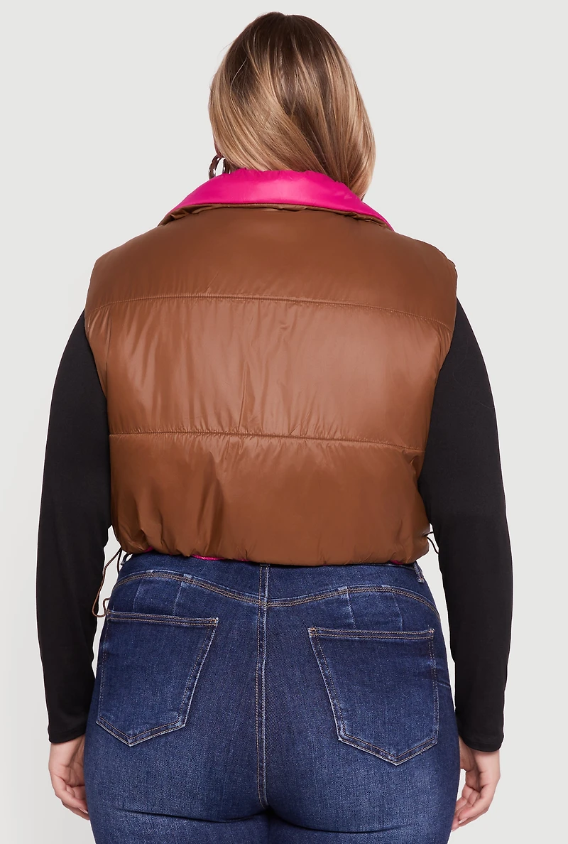 Plus Color Blocked Drawstring Hem Puffer Vest