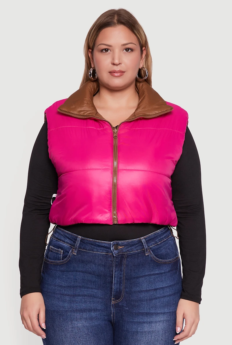 Womens Plus Color Blocked Drawstring Hem Puffer Vest, 3X