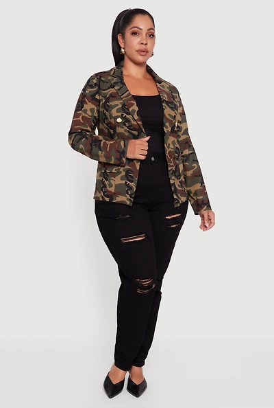 Womens Plus Size Camouflage Blazer, Green, Size 1X