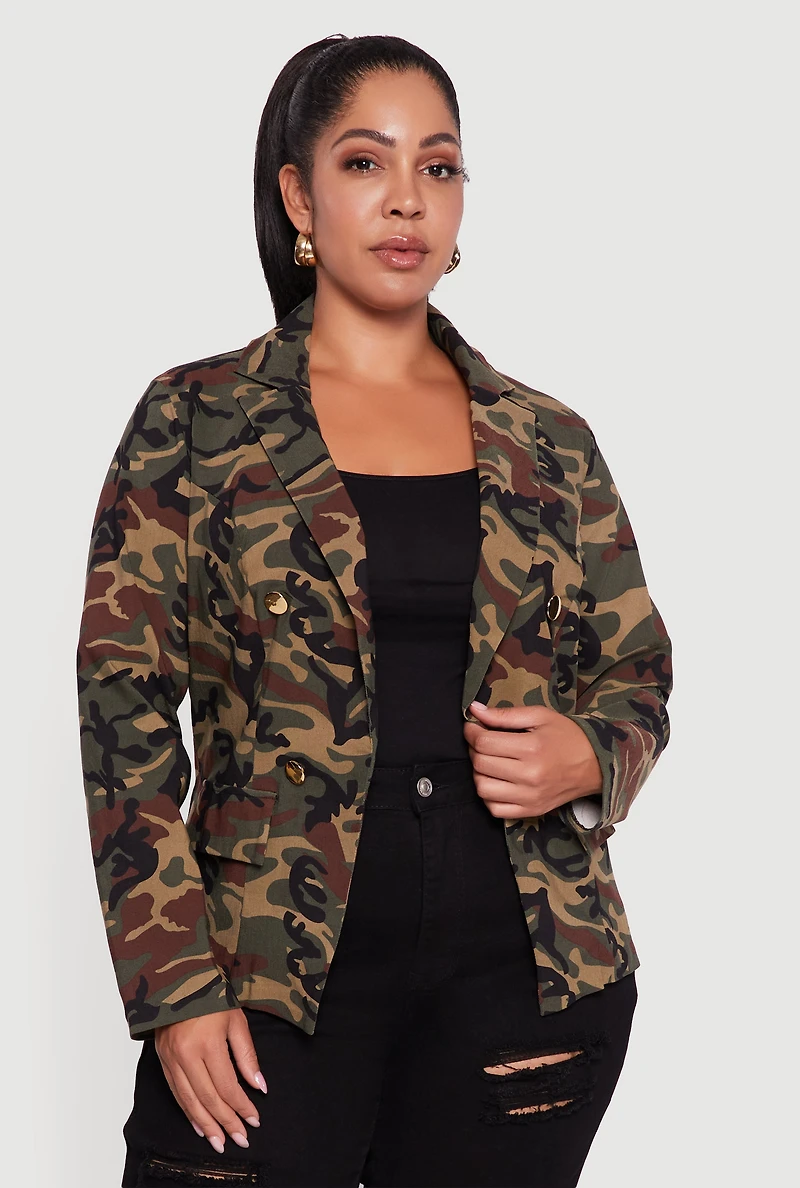 Womens Plus Size Camouflage Blazer, Green, Size 1X