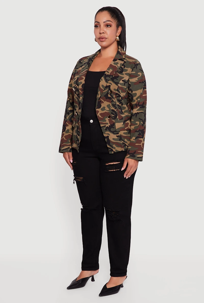 Womens Plus Size Camouflage Blazer, Green, Size 1X