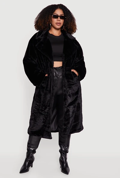 Plus Solid Faux Fur Coat