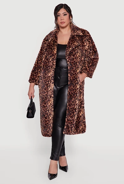 Plus Leopard Print Faux Fur Coat