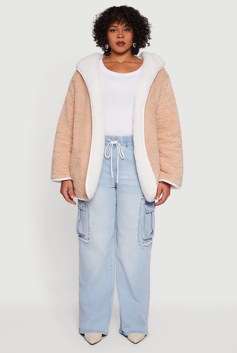 Plus Reversible Hooded Open Front Sherpa Jacket