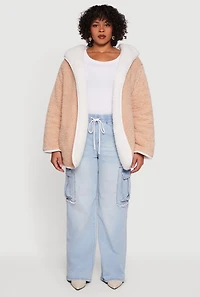 Plus Reversible Hooded Open Front Sherpa Jacket