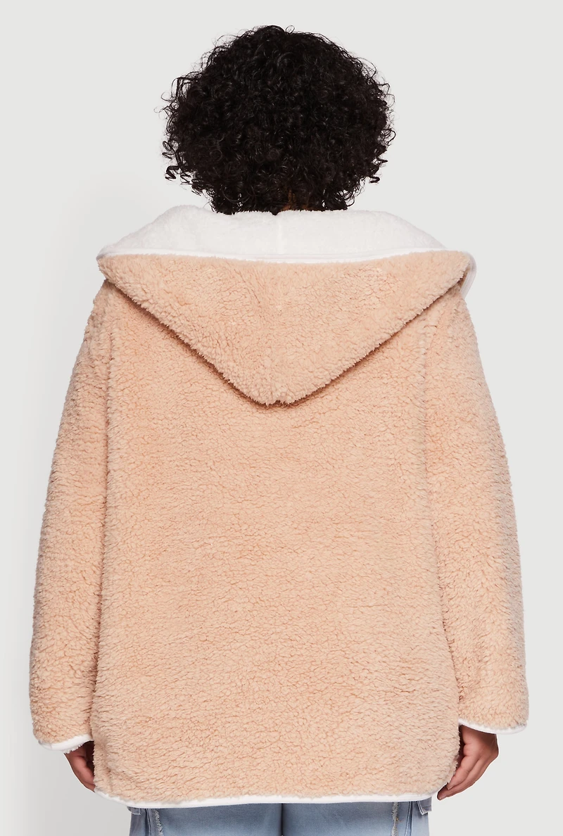 Plus Reversible Hooded Open Front Sherpa Jacket
