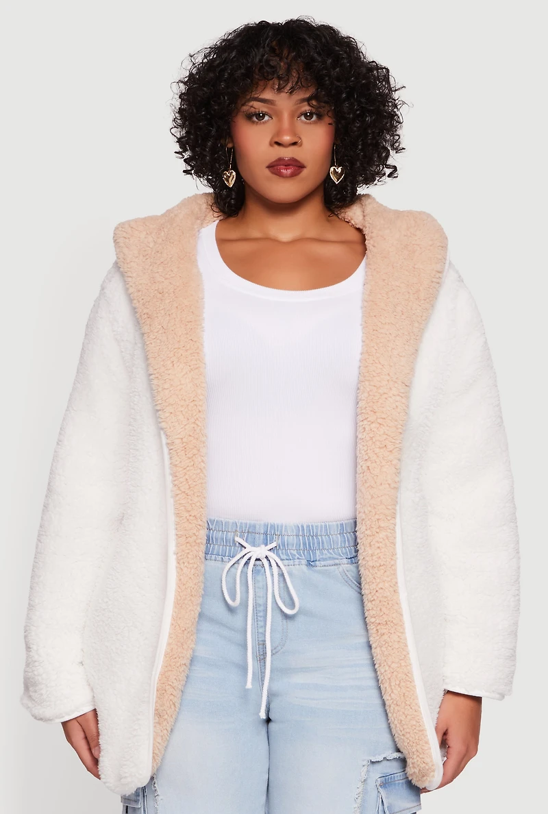 Plus Reversible Hooded Open Front Sherpa Jacket