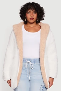 Plus Reversible Hooded Open Front Sherpa Jacket