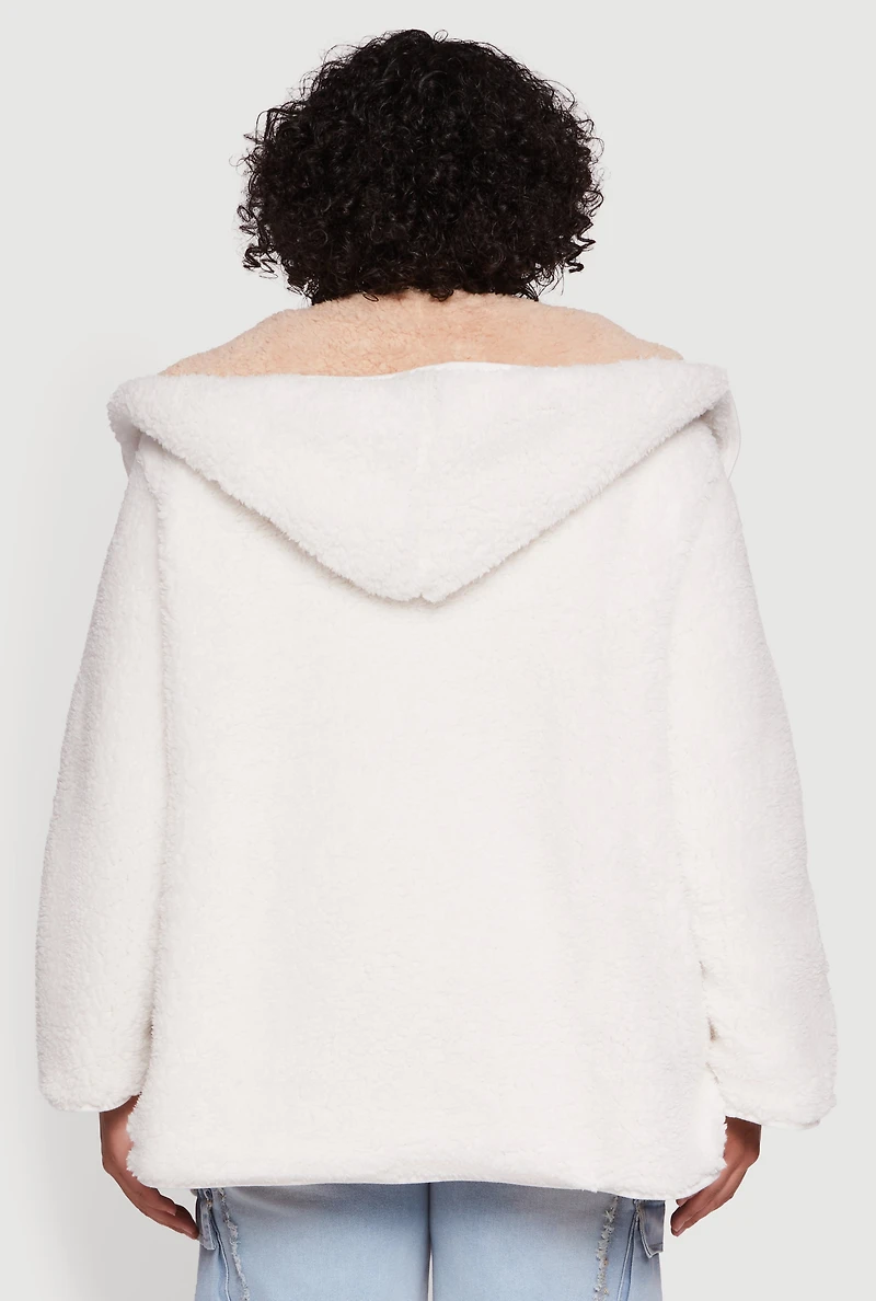 Plus Reversible Hooded Open Front Sherpa Jacket