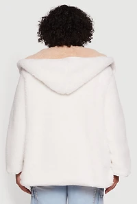 Plus Reversible Hooded Open Front Sherpa Jacket