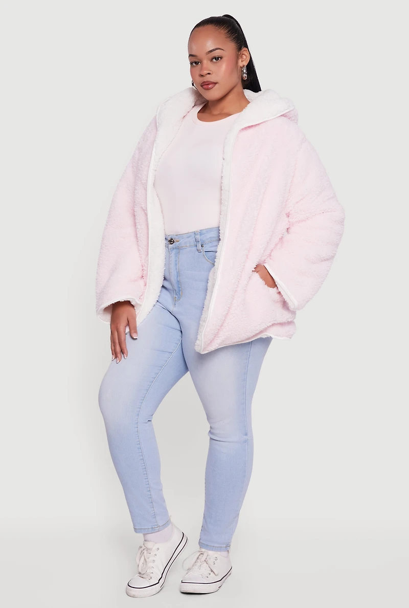 Plus Reversible Hooded Open Front Sherpa Jacket