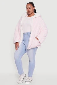 Plus Reversible Hooded Open Front Sherpa Jacket