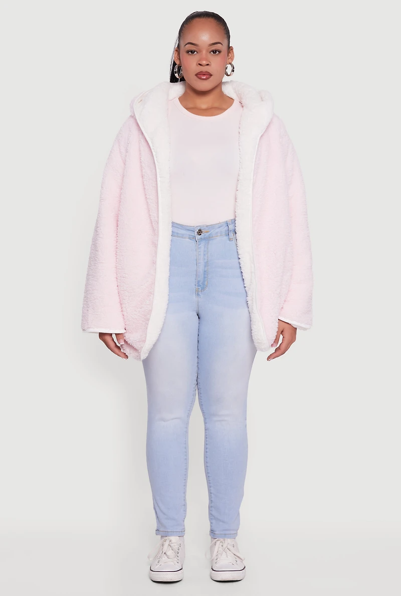 Womens Plus Size Reversible Hooded Open Front Sherpa Jacket, Pink, Size 1X