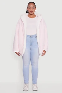 Womens Plus Size Reversible Hooded Open Front Sherpa Jacket, Pink, Size 1X