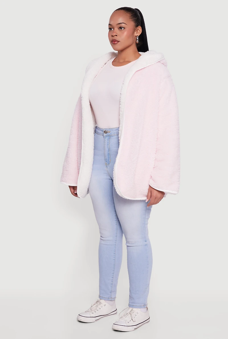 Womens Plus Size Reversible Hooded Open Front Sherpa Jacket, Pink, Size 1X