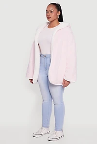Womens Plus Size Reversible Hooded Open Front Sherpa Jacket, Pink, Size 1X