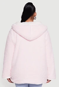 Womens Plus Size Reversible Hooded Open Front Sherpa Jacket, Pink, Size 1X