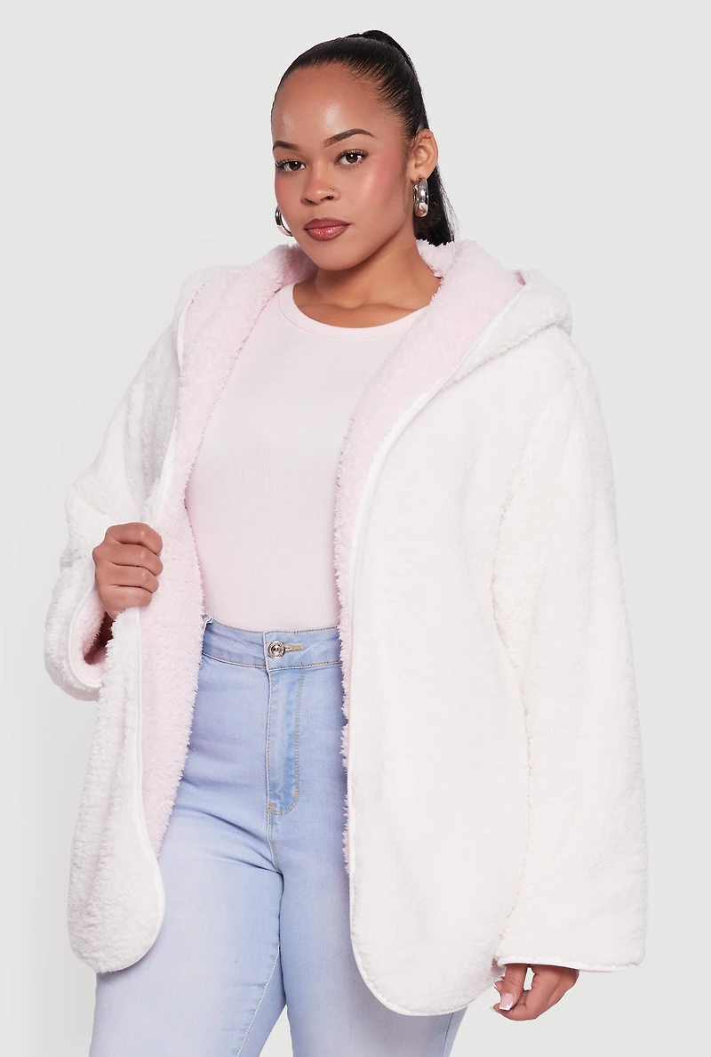 Womens Plus Size Reversible Hooded Open Front Sherpa Jacket, Pink, Size 1X
